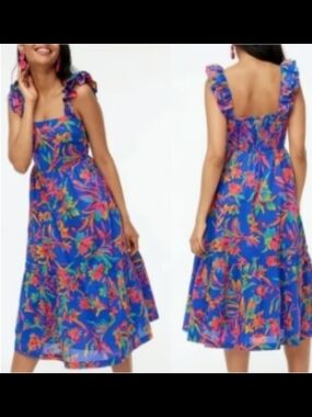 J. Crew Blue Floral Ruffle-Shoulder Midi Dress